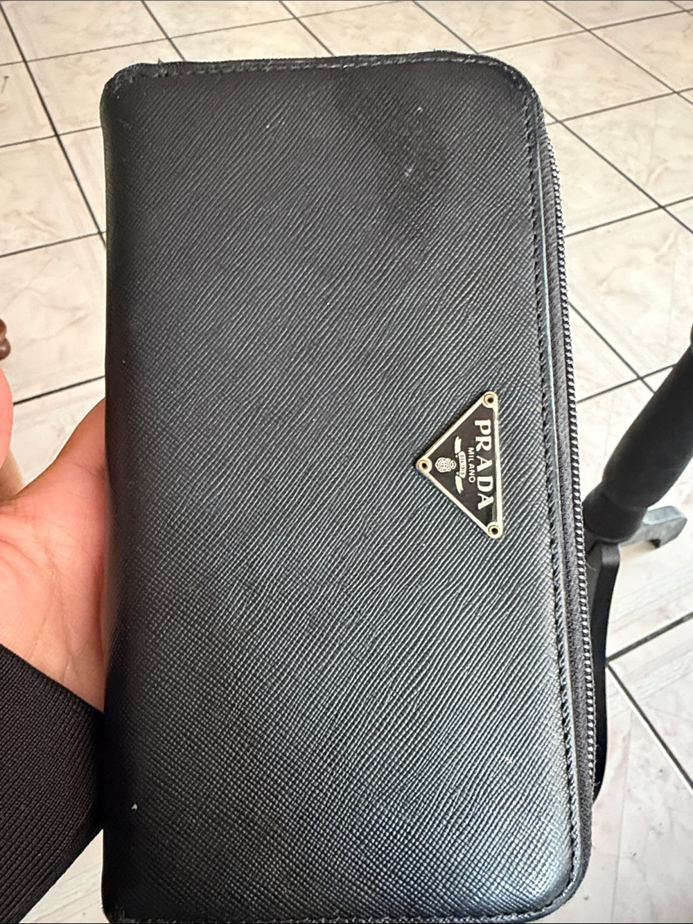 Prada Black Saffiano Leather Zip-Around Wallet with Triangle Logo